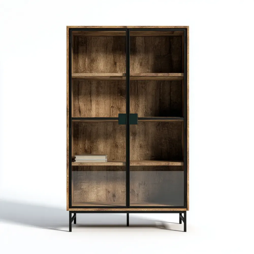 Vitrinenschrank Eichenholz mit gehärtetem Glastüren 180x100x40 cm - Braun - Industrieller Stil