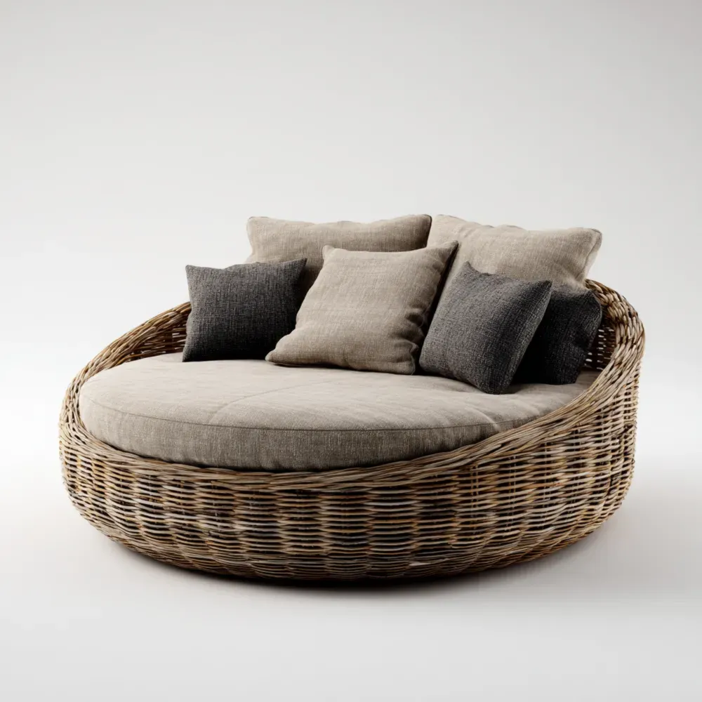 Rundes Rattansofa mit Leinenkissen Beige/Grau