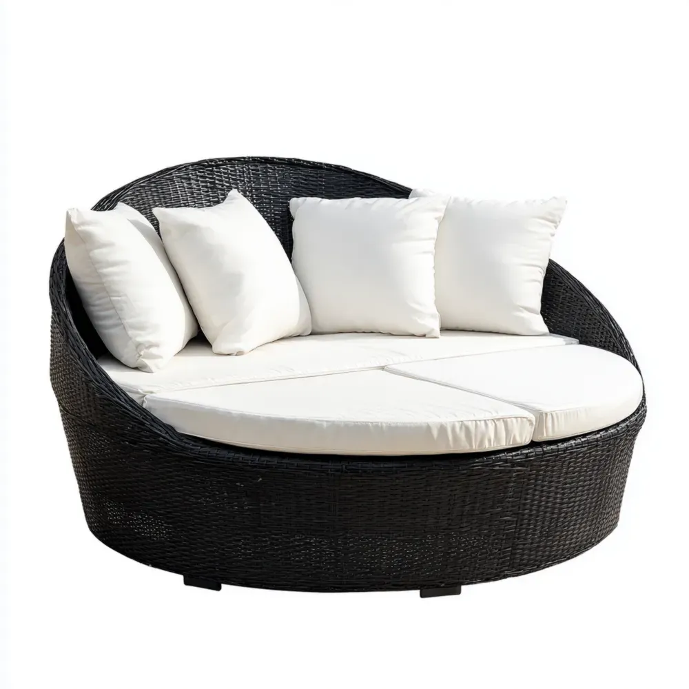 Runde Rattansofa mit Kissen, Schwarz/Creme