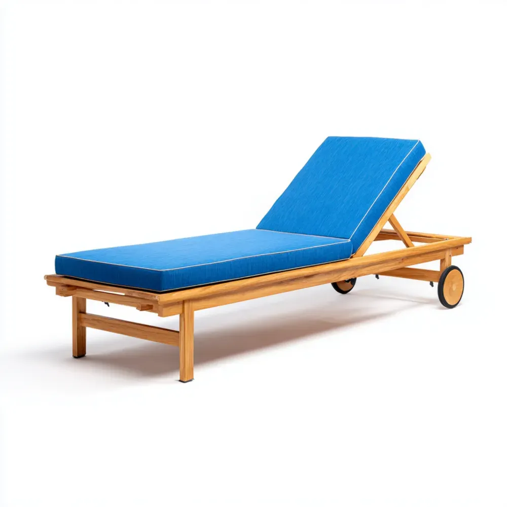 Teakholz Sonnenliege mit Blauem Bezug und Rädern