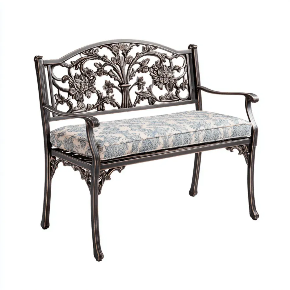 Aluminium Gartenbank mit Blumenmuster Polster, 2-Sitzer, Bronze