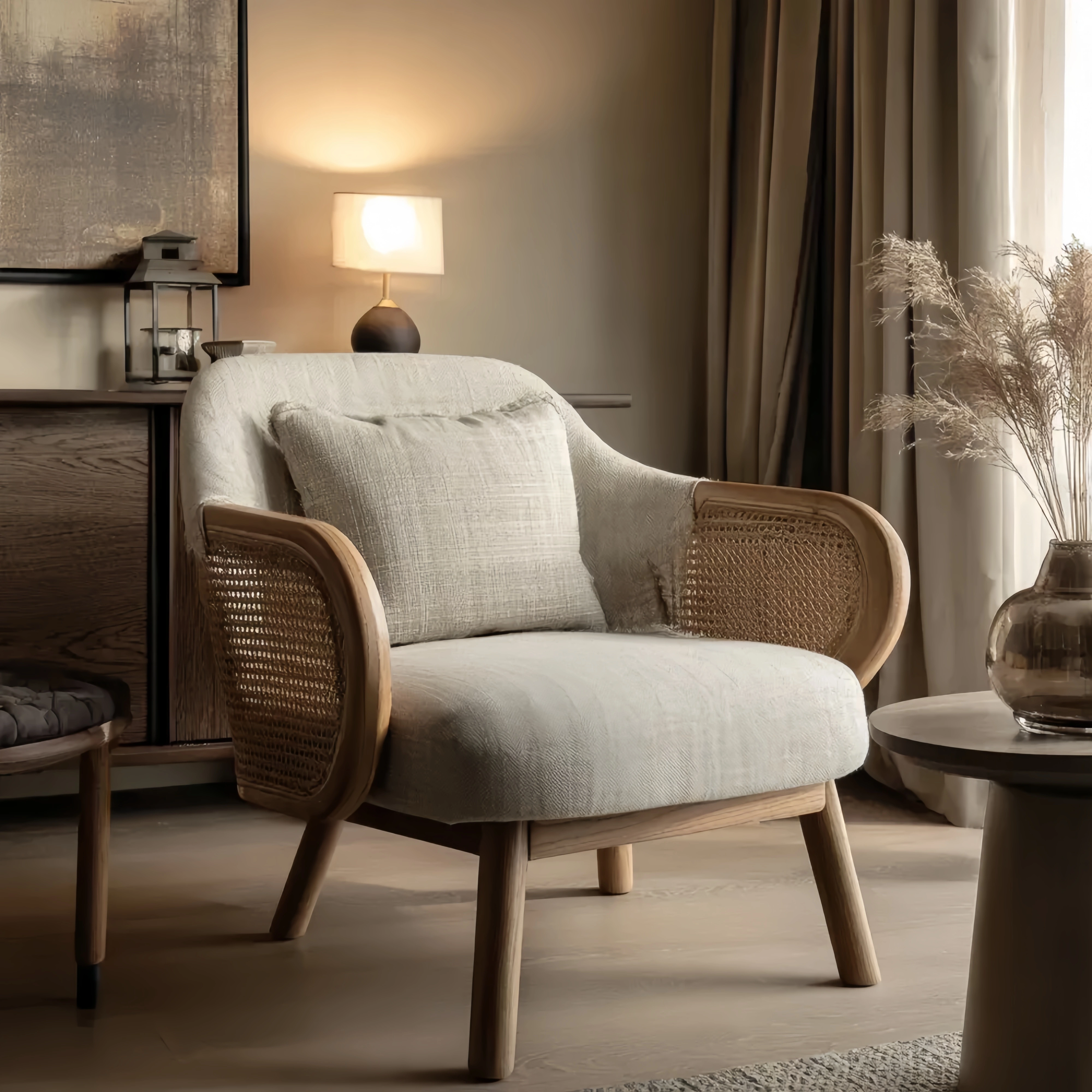 Leinen- und Rattangeflecht Sessel Beige Holzrahmen