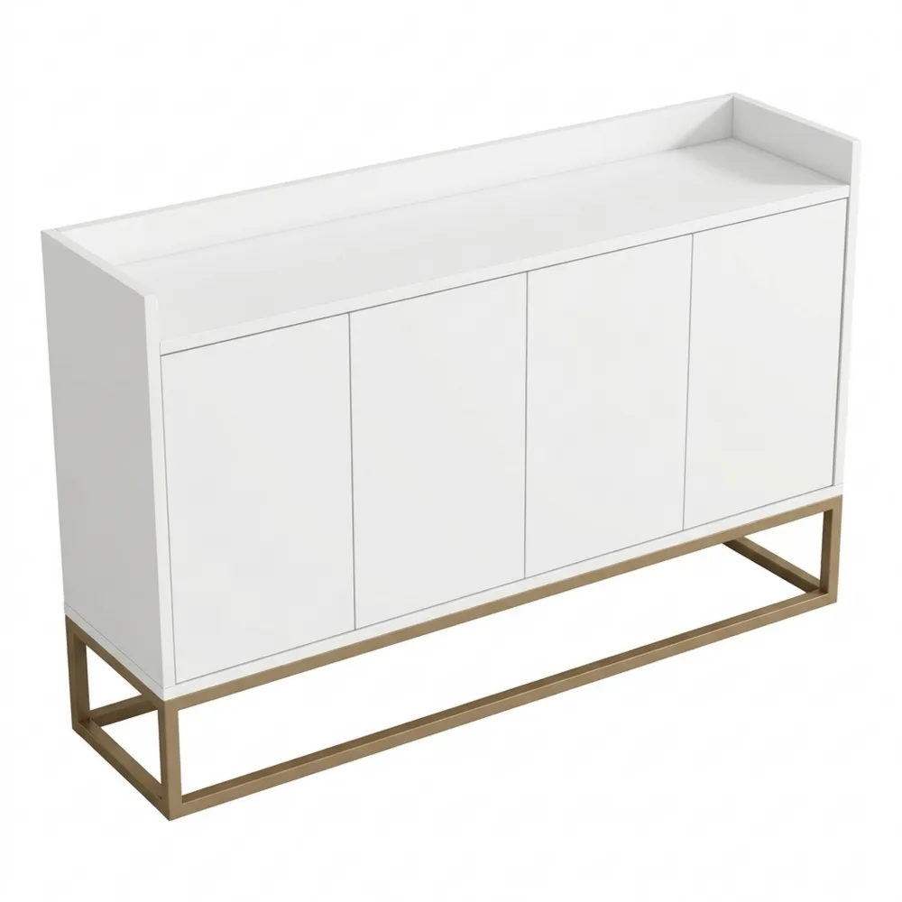 Moderner minimalistischer Schrank mit 4 Türen und goldenen Metallbeinen, ideal für Wohn- und Esszimmer (Weiß)
