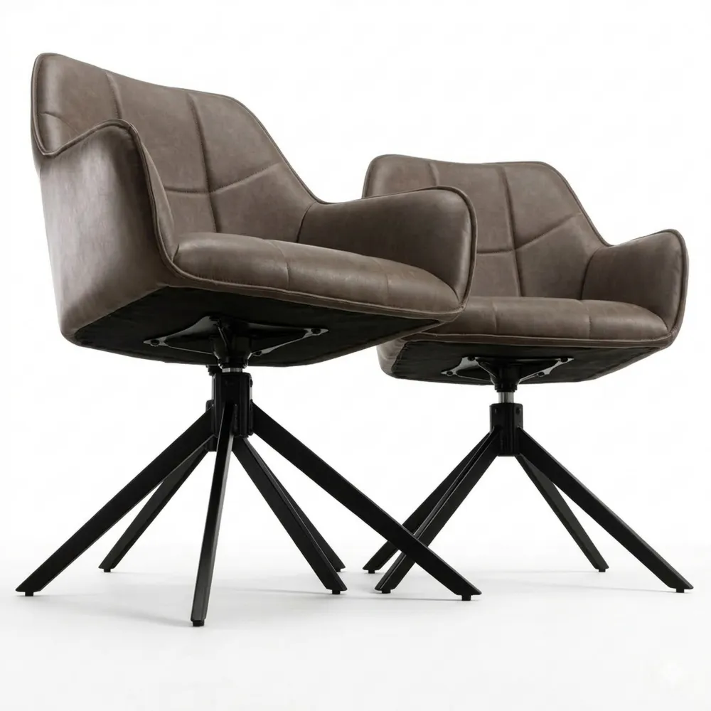 Drehbarer Esszimmerstuhl im 2er-Set mit Armlehnen und Metallbeinen, Vintage Kunstleder, Braun