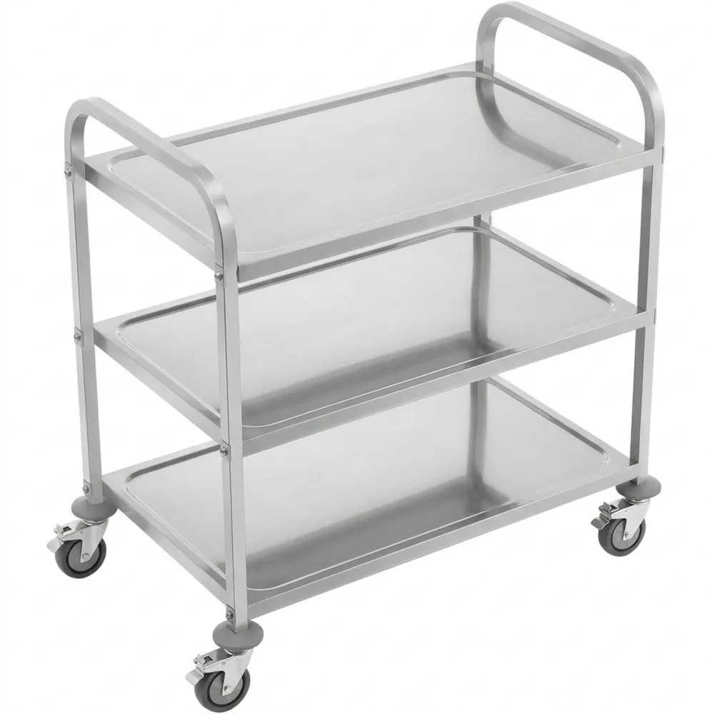 Vielseitiger Edelstahl-Servierwagen mit drei Ebenen und Rollen