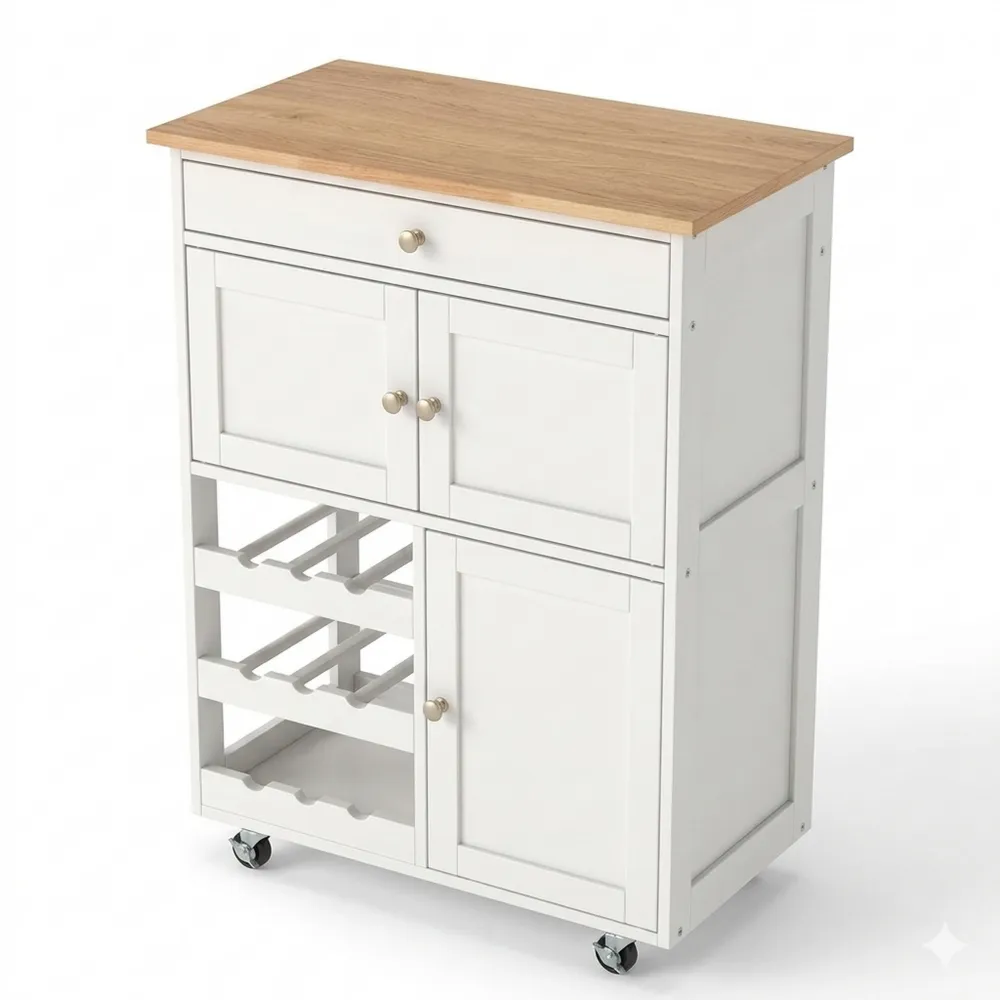Beweglicher Küchenwagen mit Arbeitsplatte und Flaschenregal