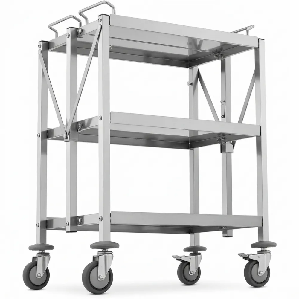 Küchenrollwagen Edelstahl klappbar mit 3 Böden 40x58 cm bis 90 kg