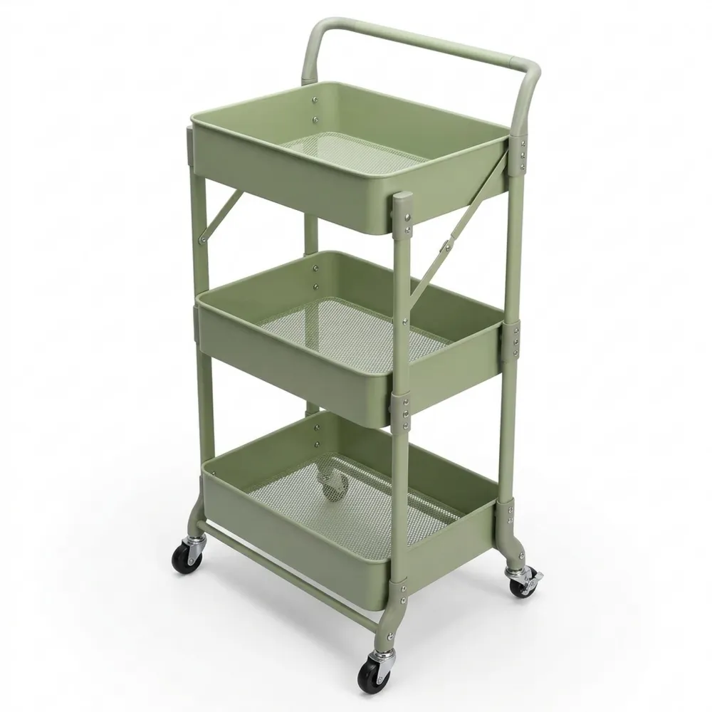 Vielseitiger Rollwagen mit 3 Ebenen für Küche und Büro, faltbar, grün