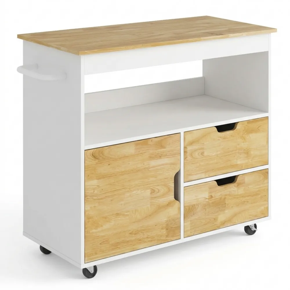 Rollbarer Küchenwagen mit Arbeitsplatte und Schubladen, Soft-Close-Tür, Eichenholz