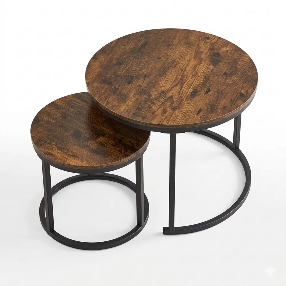 Rundes Couchtisch-Set im Industriestil, 2-teilig, Wohnzimmertisch in Vintagebraun-Schwarz