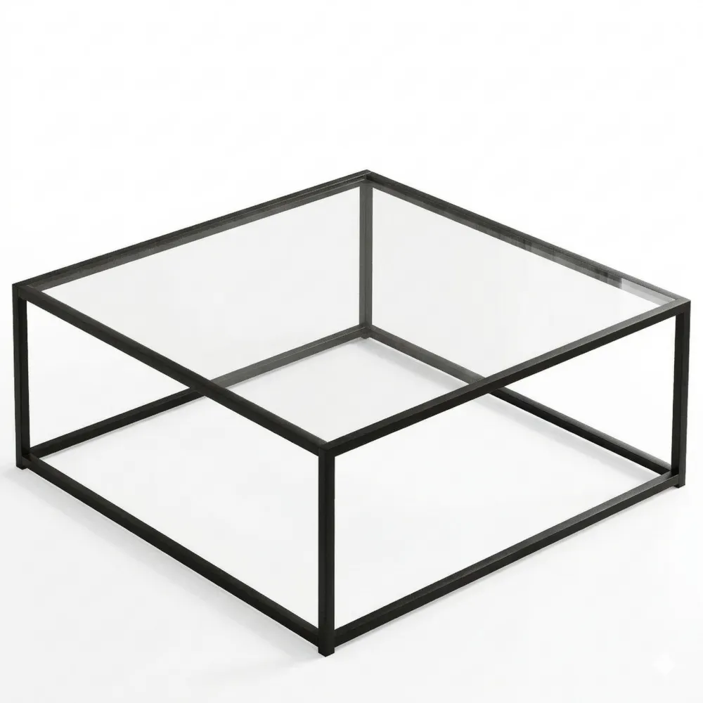 Quadratischer Couchtisch aus schwarzem Glas mit Metallgestell