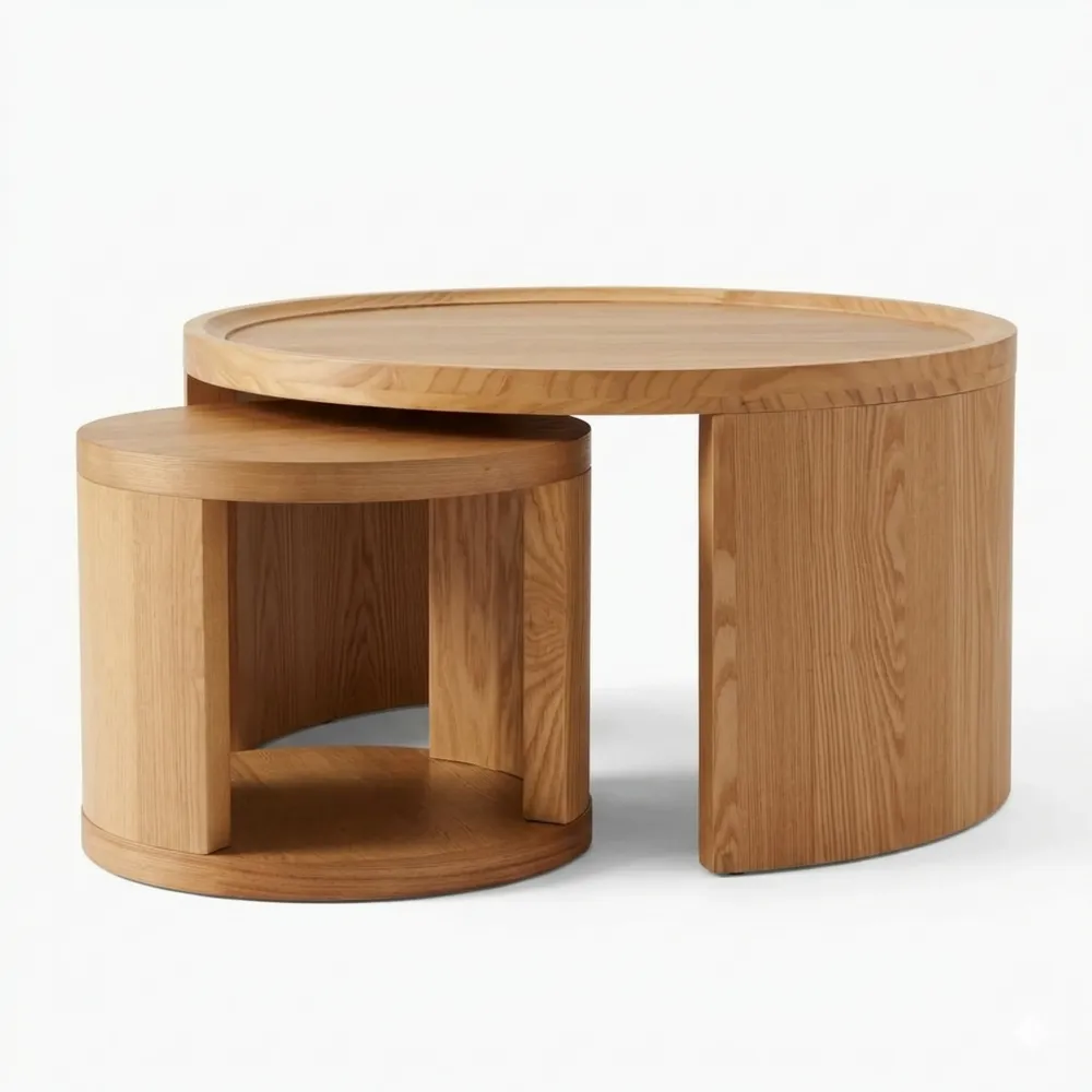 Runder Wohnzimmertisch Set mit Stauraum, Moderner Sofatisch & Beistelltisch aus Holz, Natur