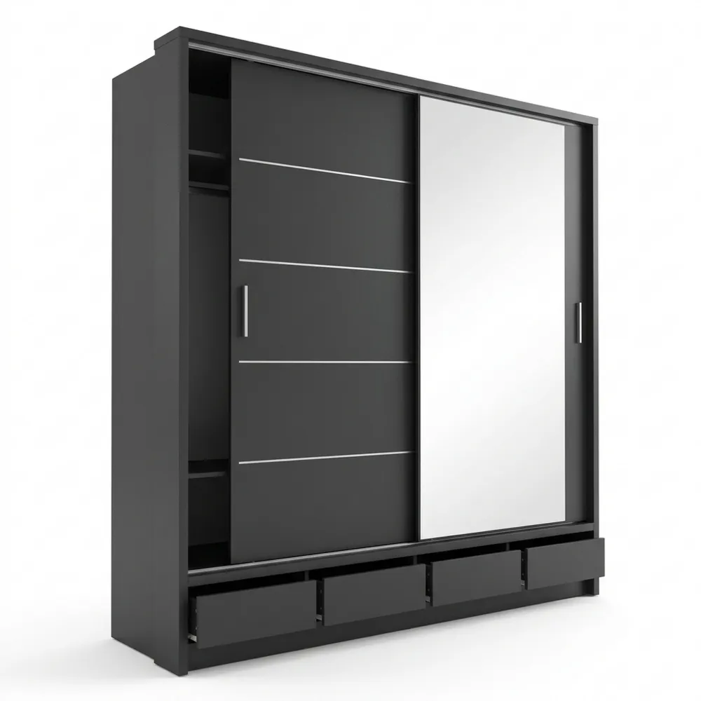 Schwebetürenschrank mit Spiegel und Beleuchtung, 2 Schubladen, Schwarz Matt