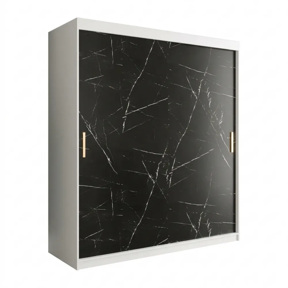 Moderner Schiebetürenschrank mit Kleiderstange und Einlegeböden, weiß matt und schwarzer Marmor