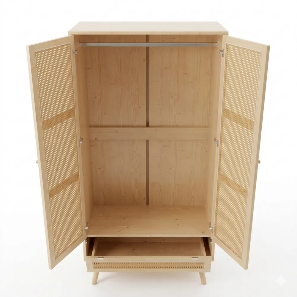 Zweitüriger Kleiderschrank mit Rattannetz und Stauraum
