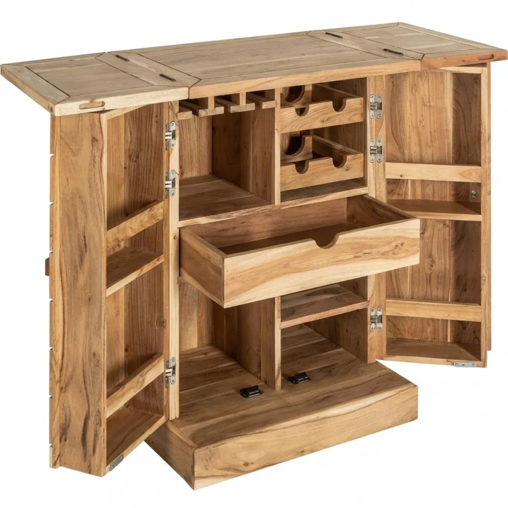 Handgefertigter Barschrank aus Akazienholz mit 3D-Effekt