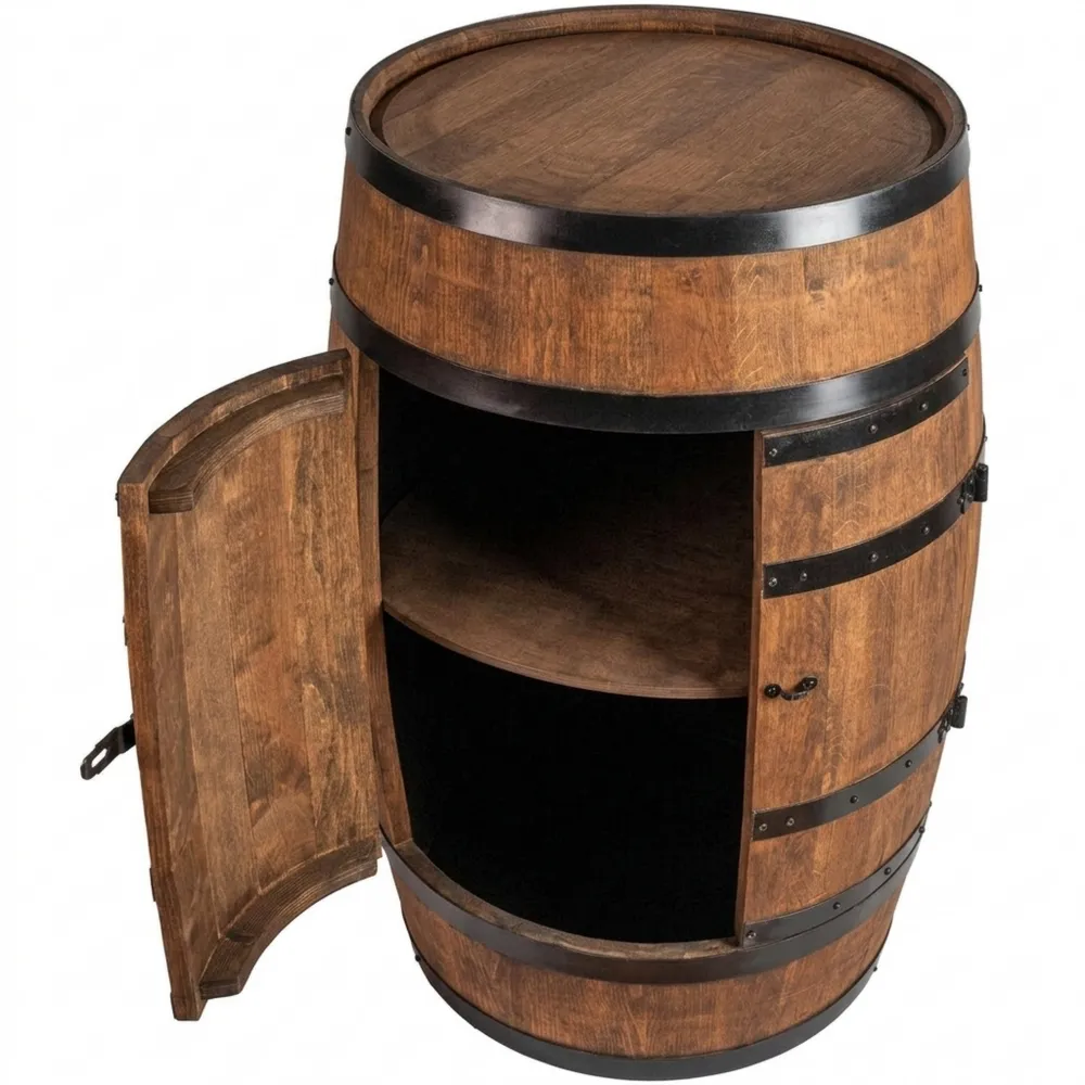 Runder Stehtisch aus Holz mit Flaschenregal