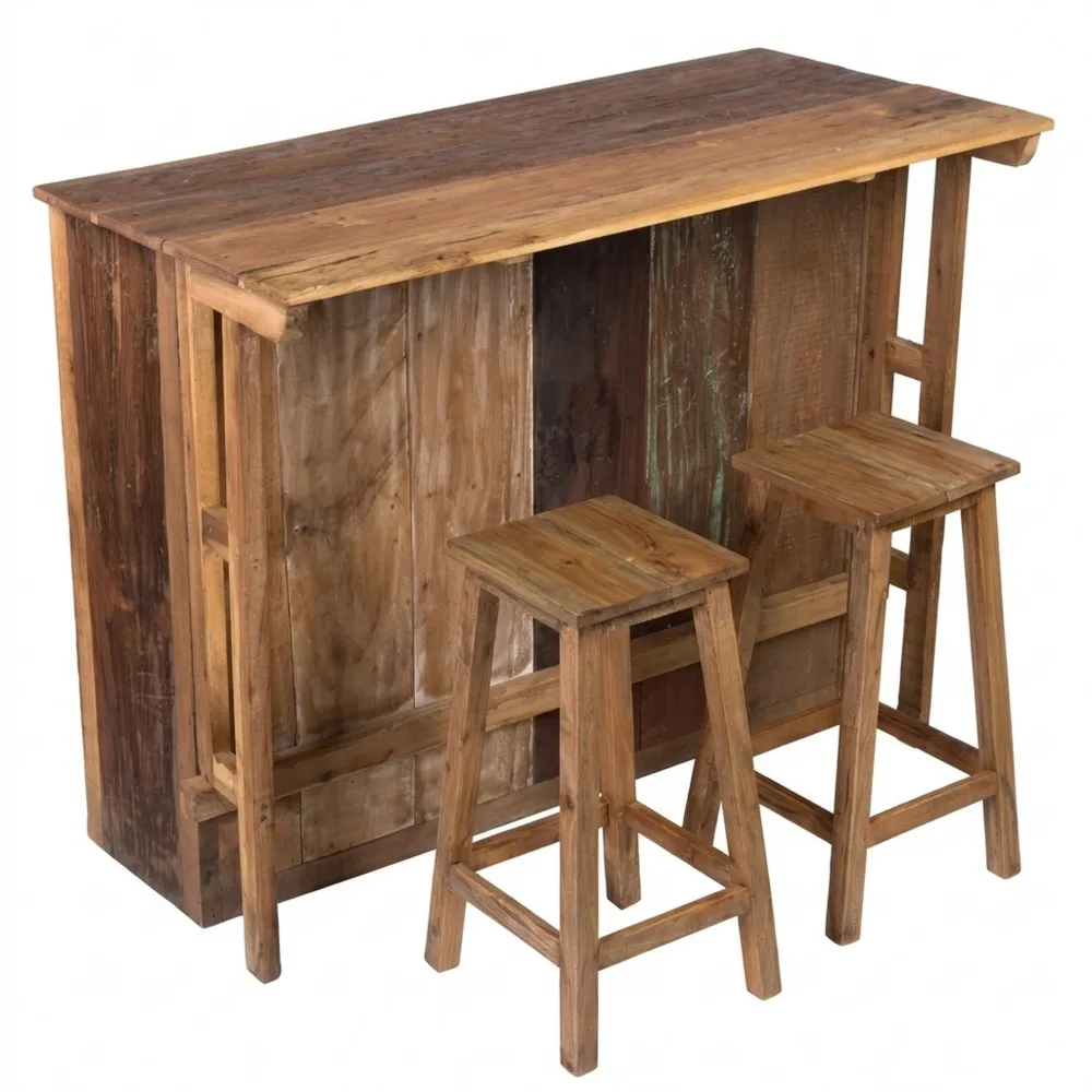 Massivholz Barschrank mit Barhockern und Stauraum