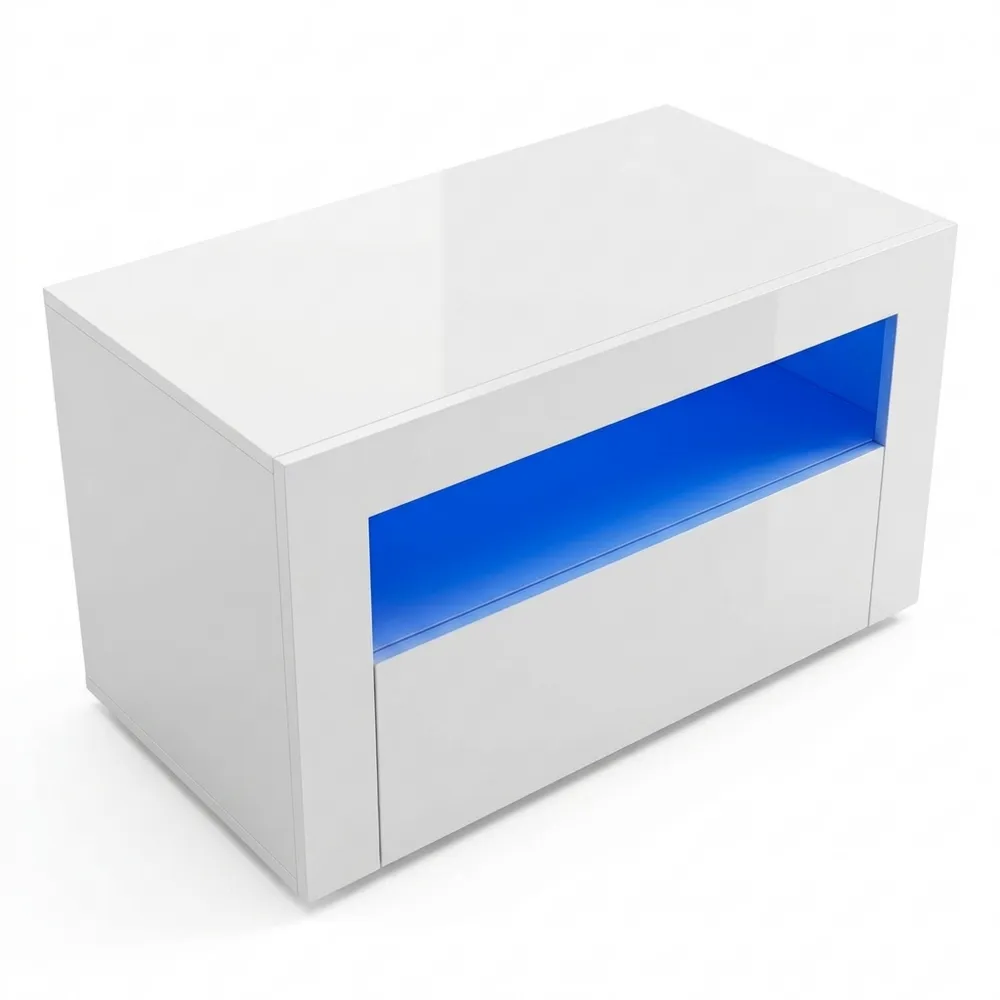 Modernes TV-Lowboard in Hochglanz Weiß mit LED-Beleuchtung, Stauraum und Türen