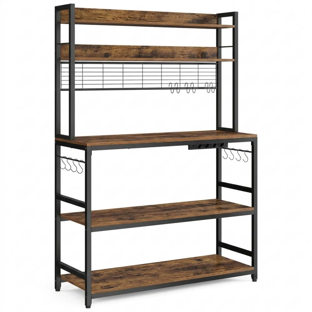 Küchenregal mit Steckdosen und Gitterplatte, 14 Haken, 40x100x170 cm, vintagebraun-schwarz