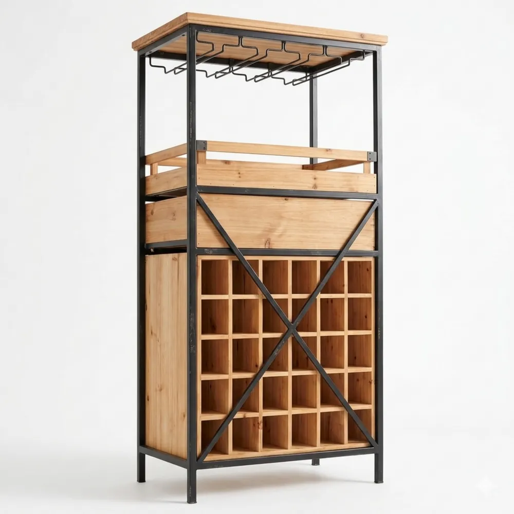 Massivholz Weinregal mit Metallakzenten, 120 cm