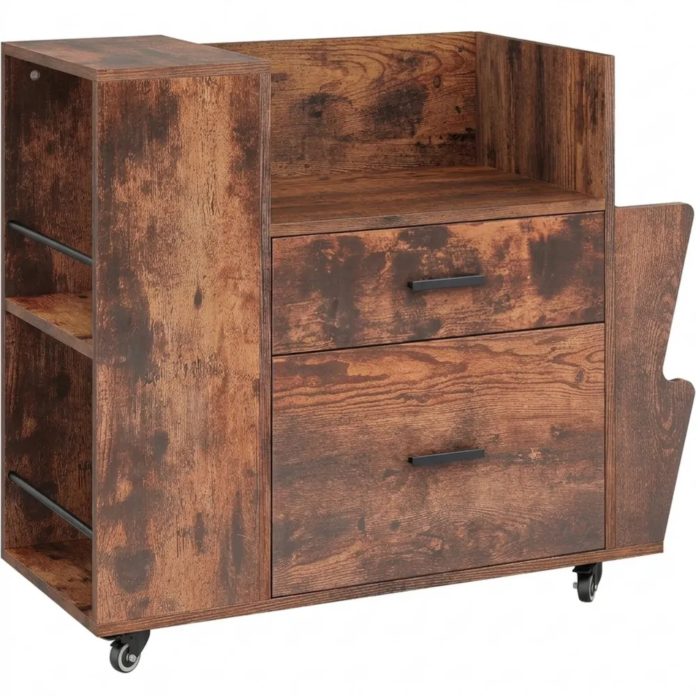 Mobiler Aktenschrank mit verstellbaren Hängestangen und Rollen, geeignet für A4/Briefformate, Druckerstand für Büro, Braun