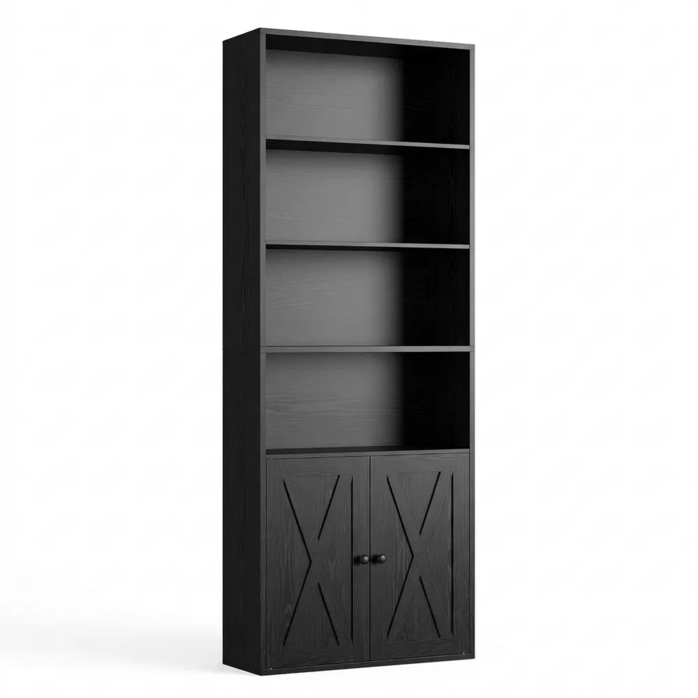 Schwarzes Bücherregal mit Türen, 6-stufiges Holzregal für Wohnzimmer und Büro, Offenes Regal für vielseitige Aufbewahrung