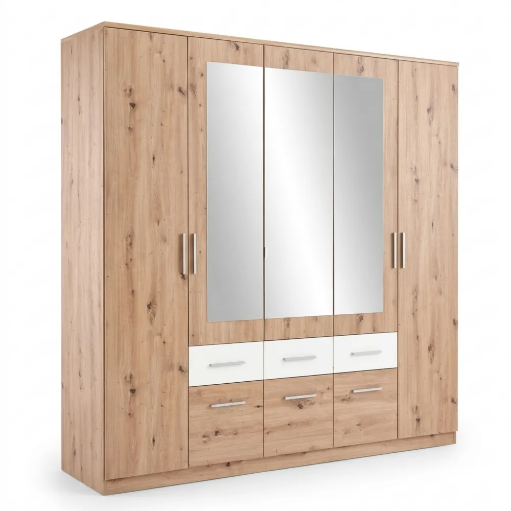 Eleganter Kleiderschrank mit Spiegel - Vielseitiger Schrank mit viel Stauraum, Artisan Eiche Optik, Weiß