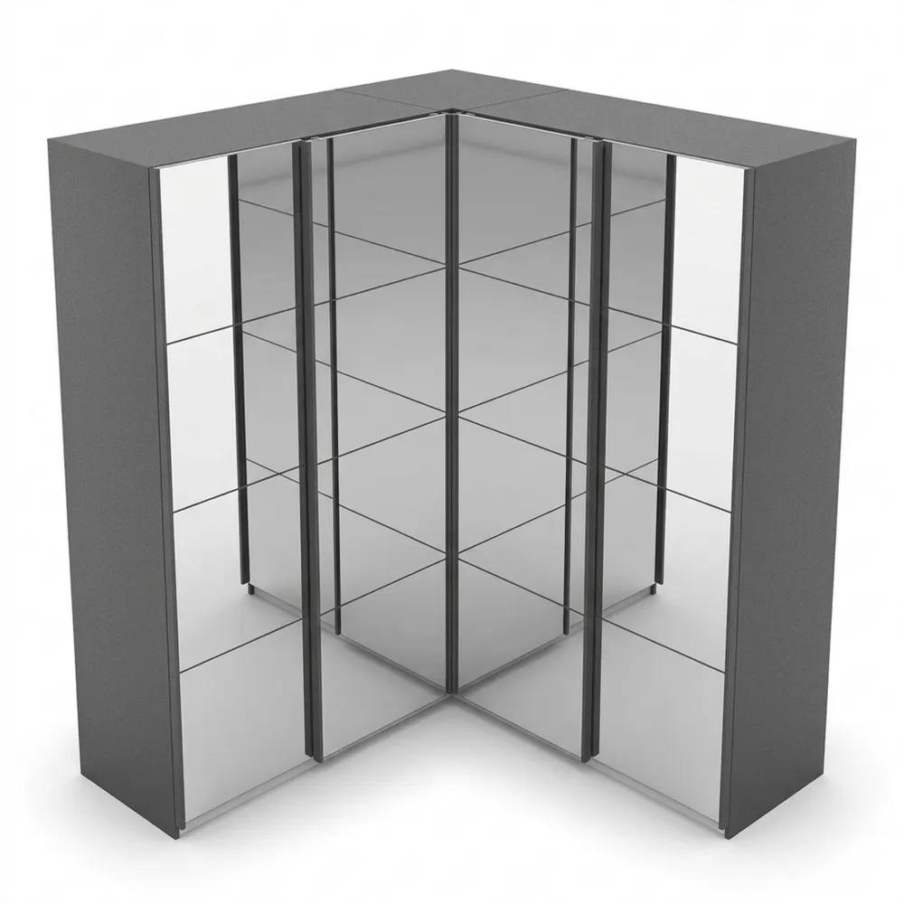 Eck-Schwebetürenschrank mit Spiegel und Stauraum in Grau Metallic