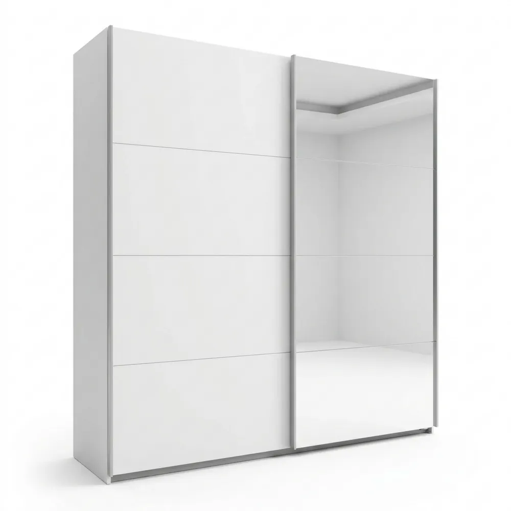 Moderner zweitüriger Schwebetürenschrank mit Spiegel, 150 cm Breite, Weiß
