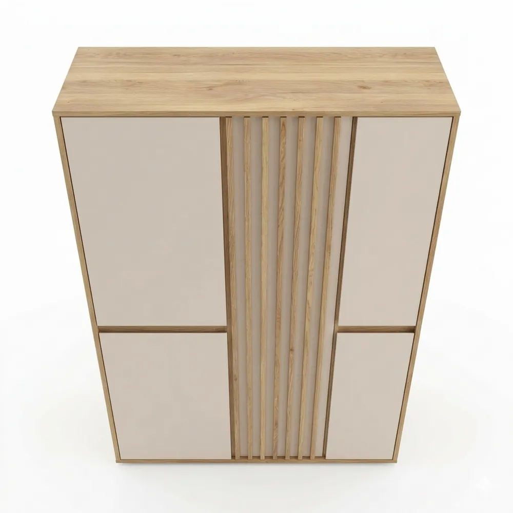 Moderner 5-türiger Kleiderschrank mit Lamellendesign, für Schlafzimmer, Eiche Holzdekor, Kashmir Beige, 109,3 x 161,7 x 41,5 cm