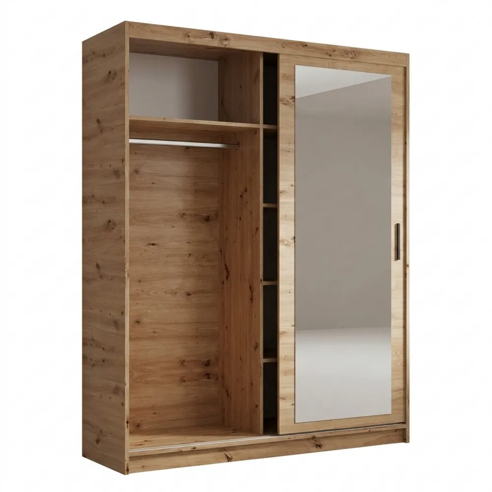 Schwebetürenschrank mit Spiegel und Kleiderstange, Mehrzweckschrank 100 cm