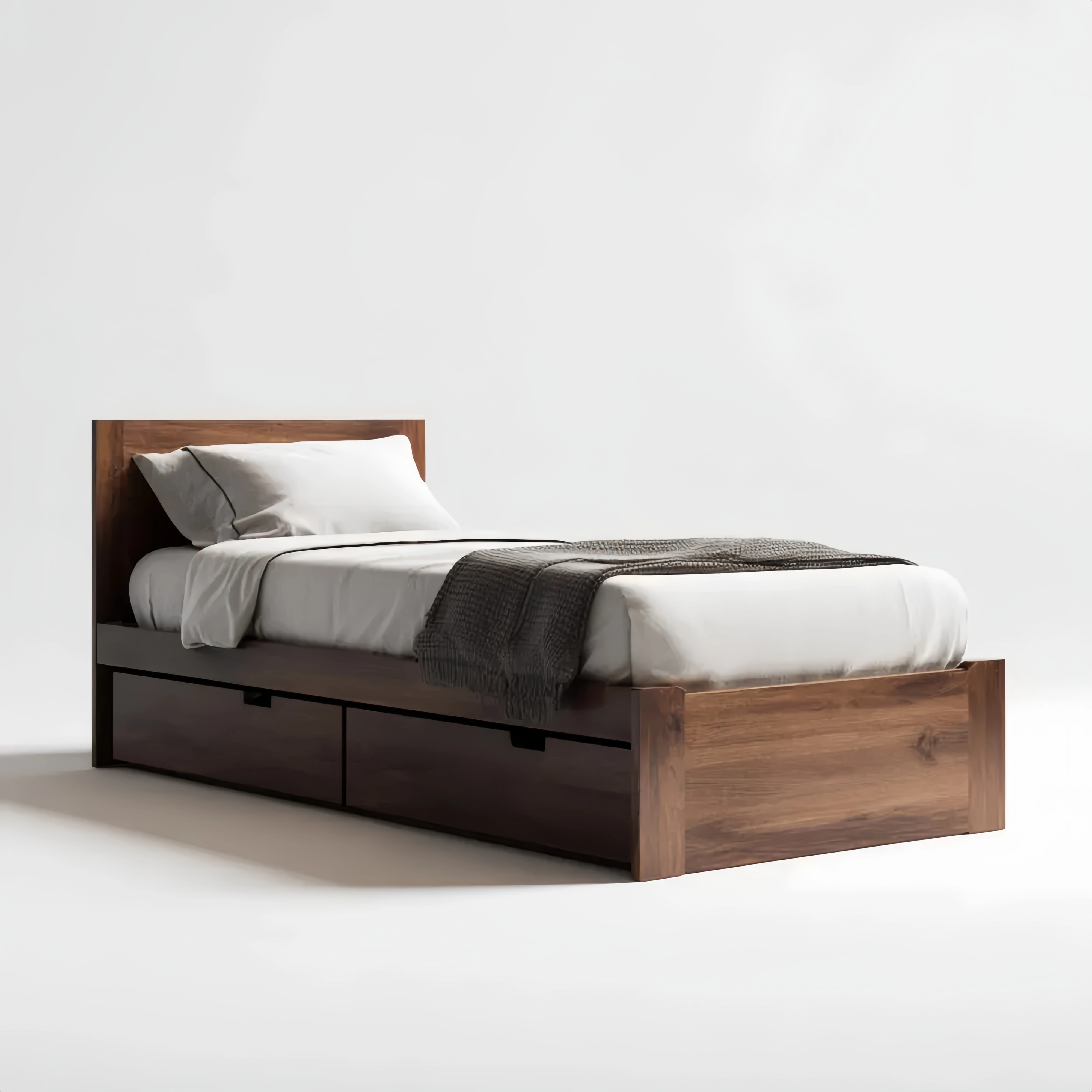 Einzelbett aus Walnussholz mit Schubladen