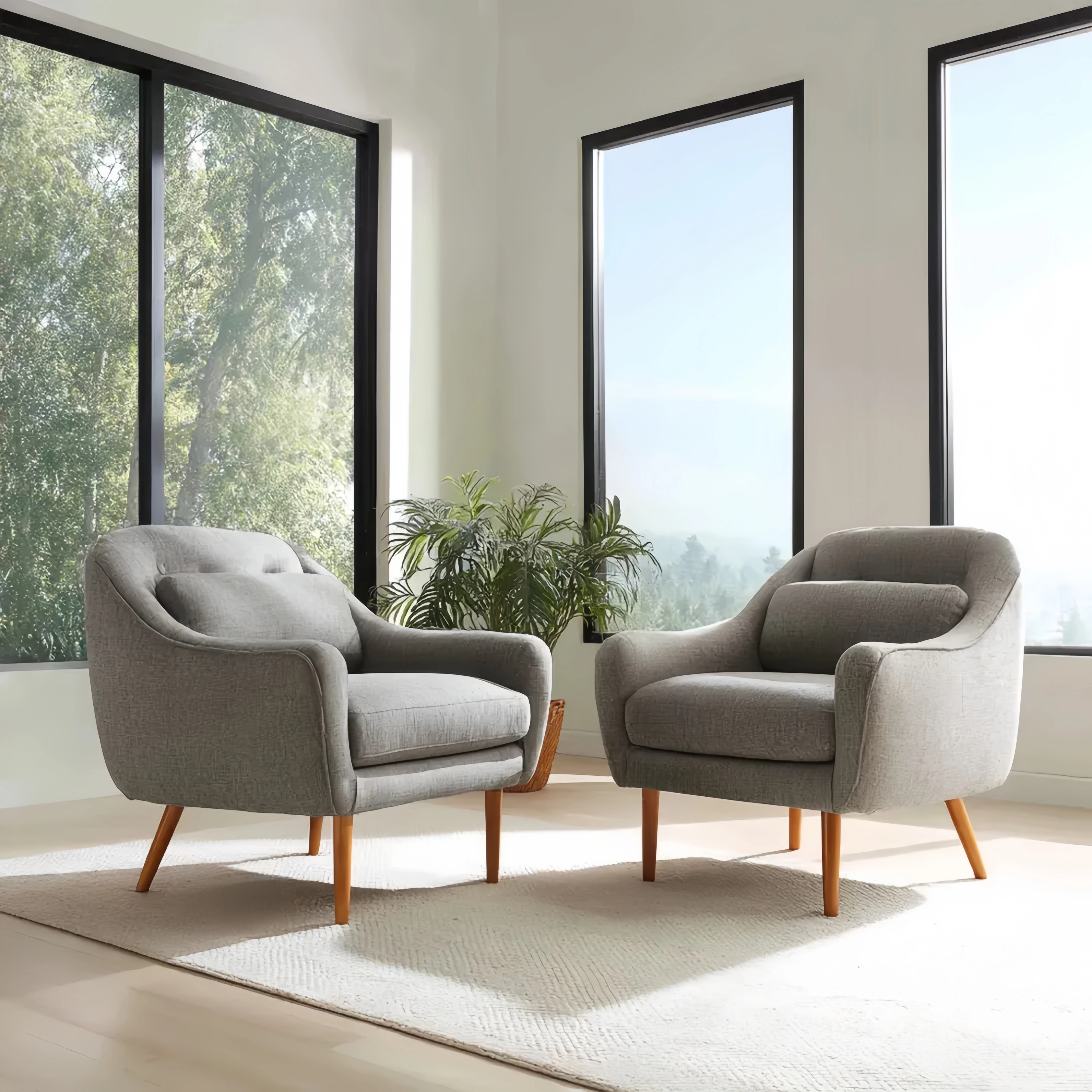 Zwei Sessel Stoff Grau mit Eichenholzbeinen