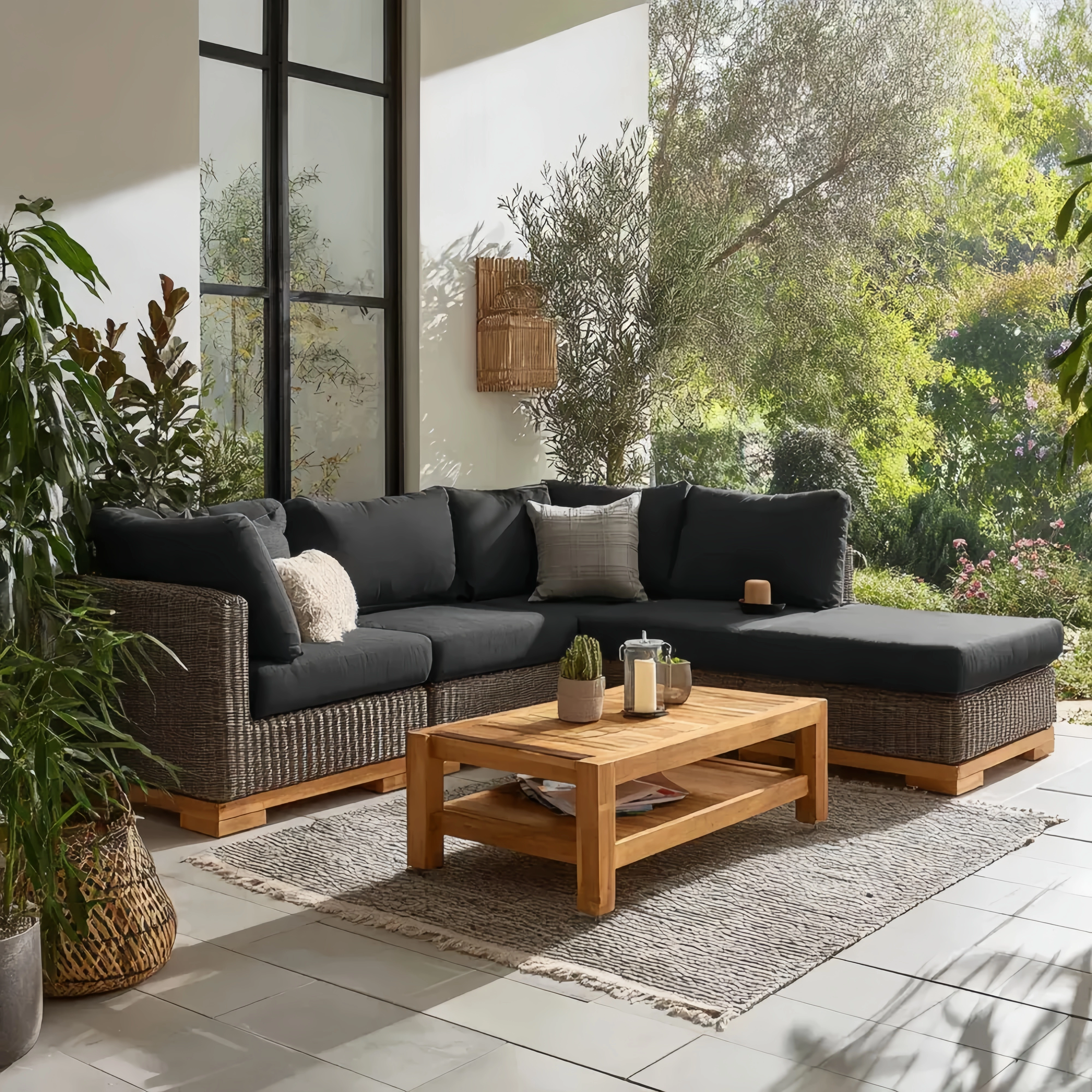 Ecksofa-Set aus PE-Rattan mit Teakholz-Couchtisch - Anthrazit