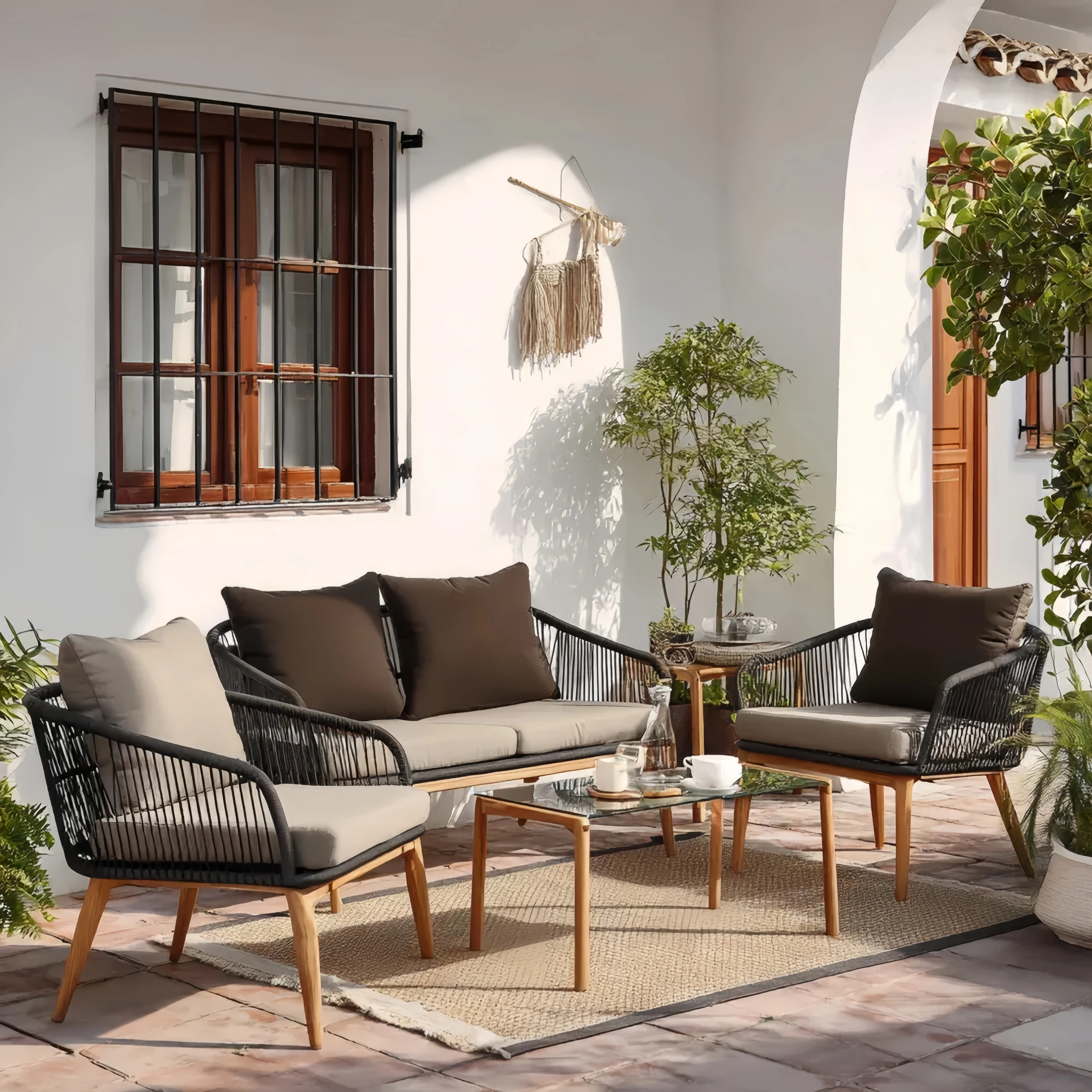 Gartenmöbel Set Rattan 4-teilig mit Teakholz und Glas