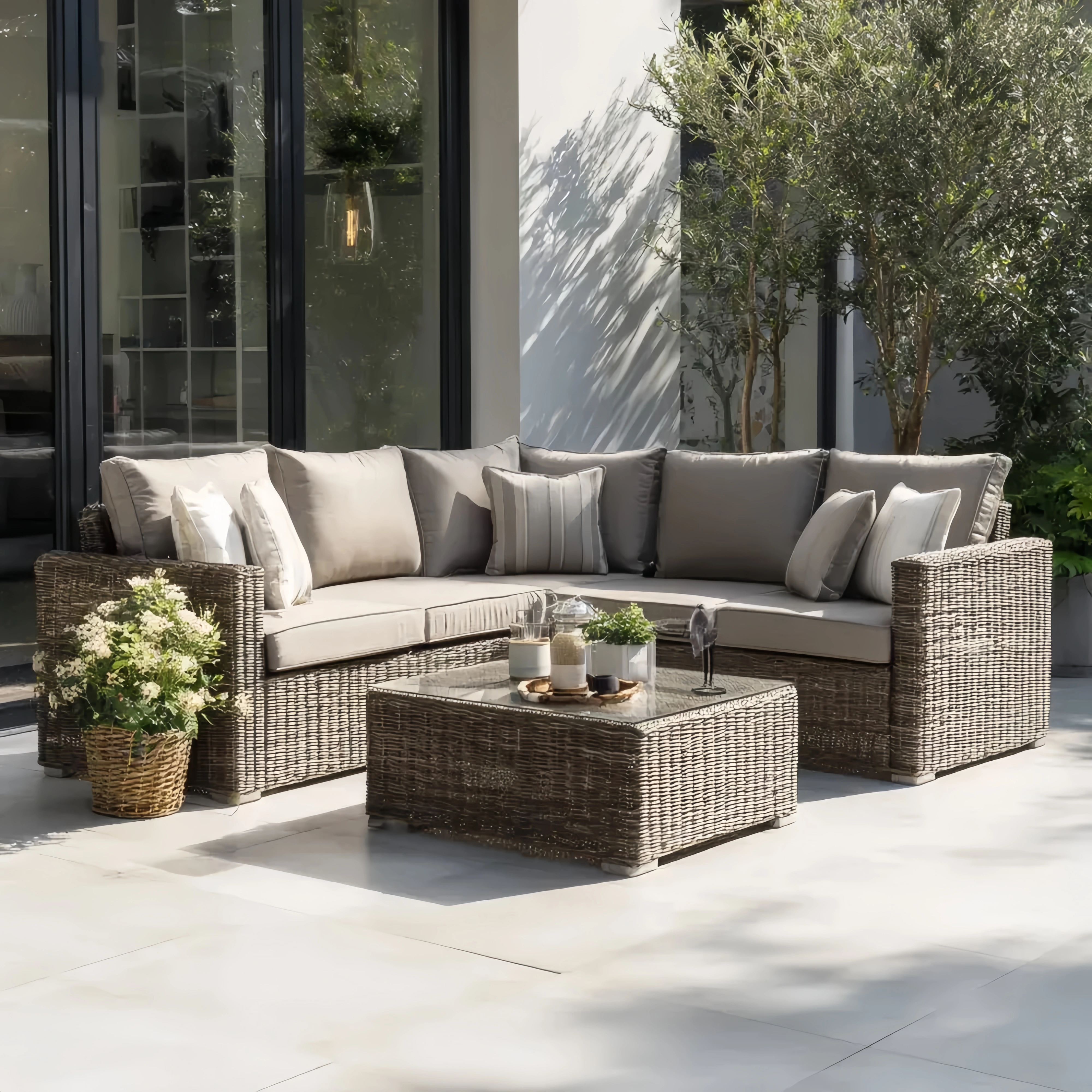 Outdoor Ecksofa Set Rattan Beige mit Glasplatte