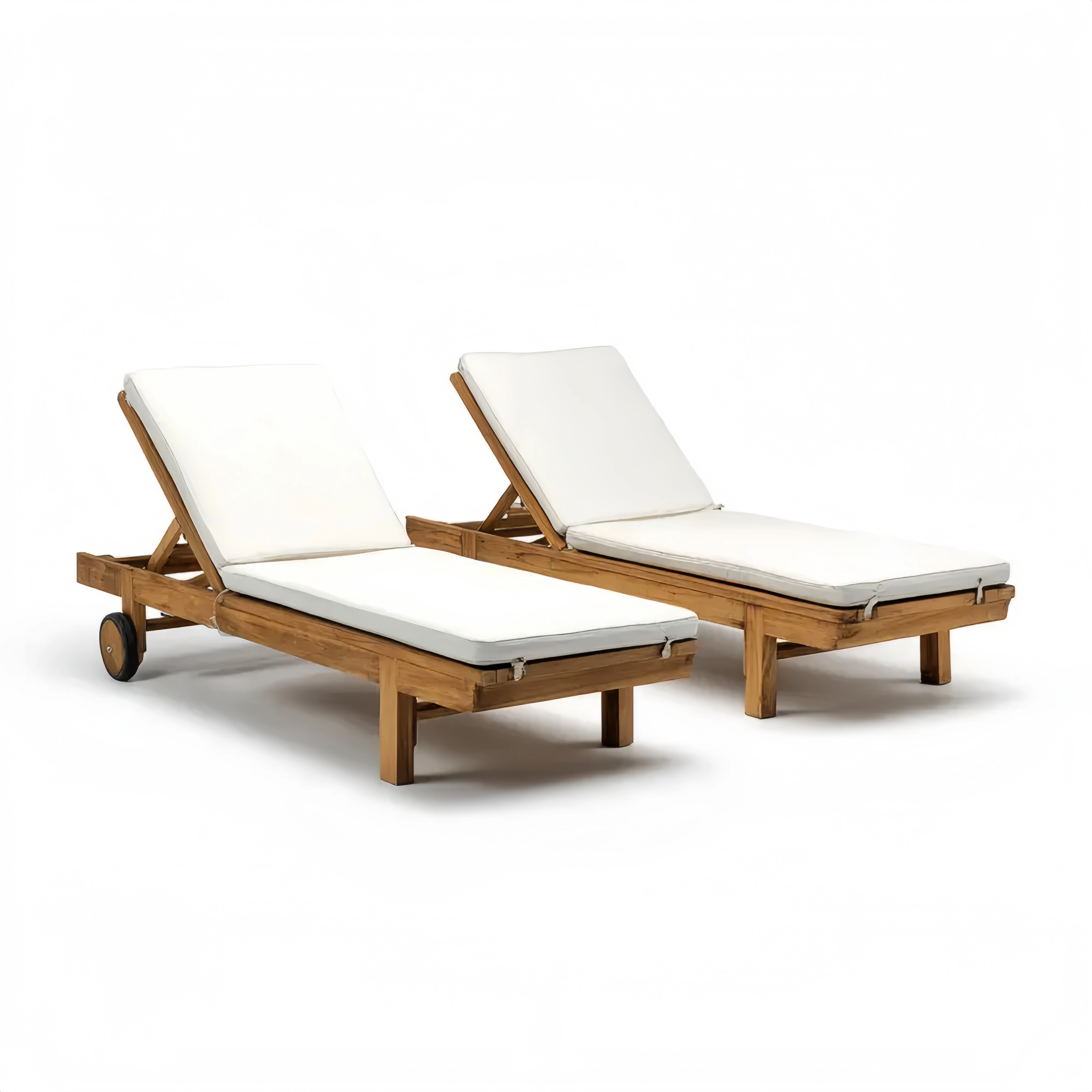 Teakholz Gartenliege Set mit Verstellbarer Lehne und Rollen, 200x65x35 cm, Weiß