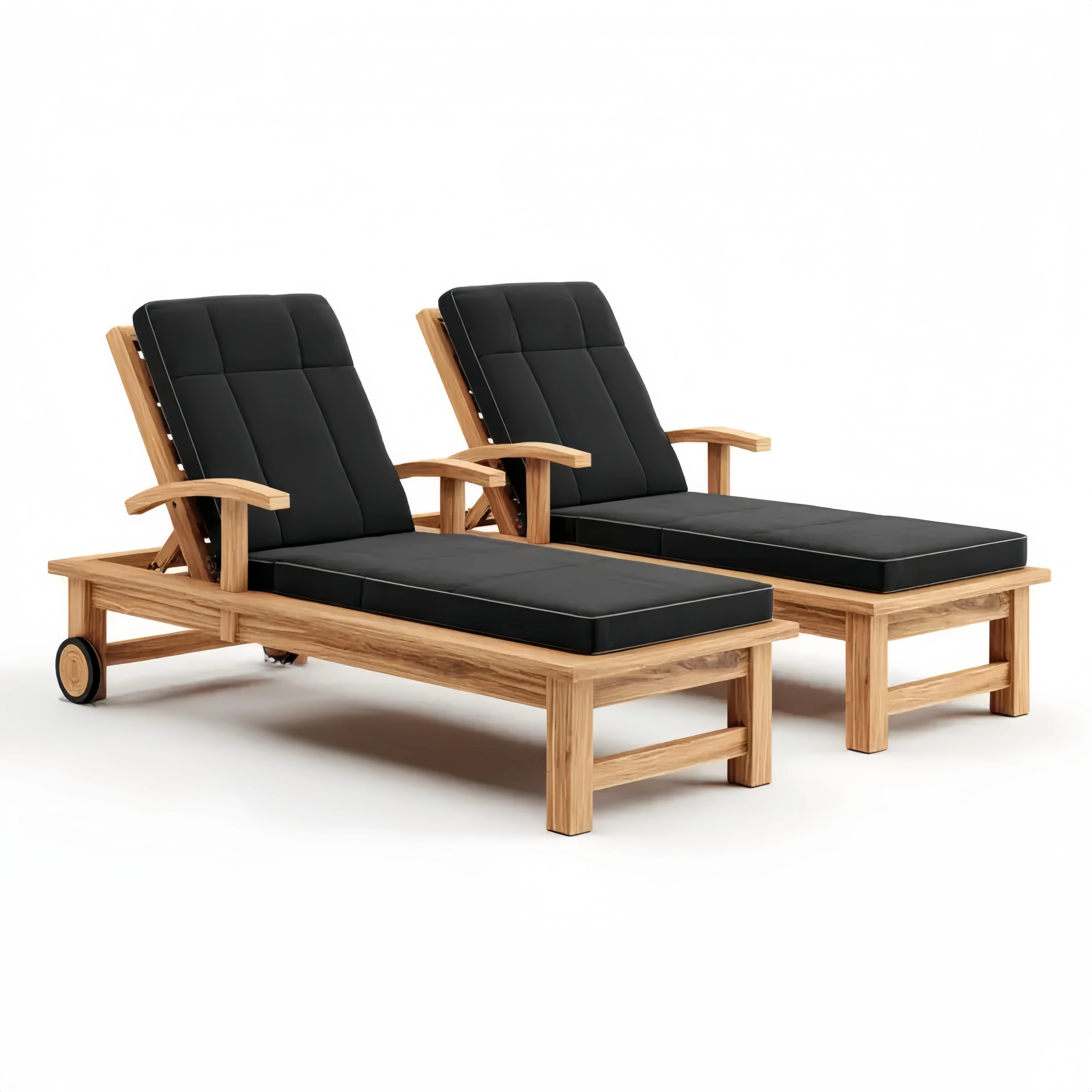 Teakholz Sonnenliege Set mit Verstellbarer Rückenlehne - Schwarz