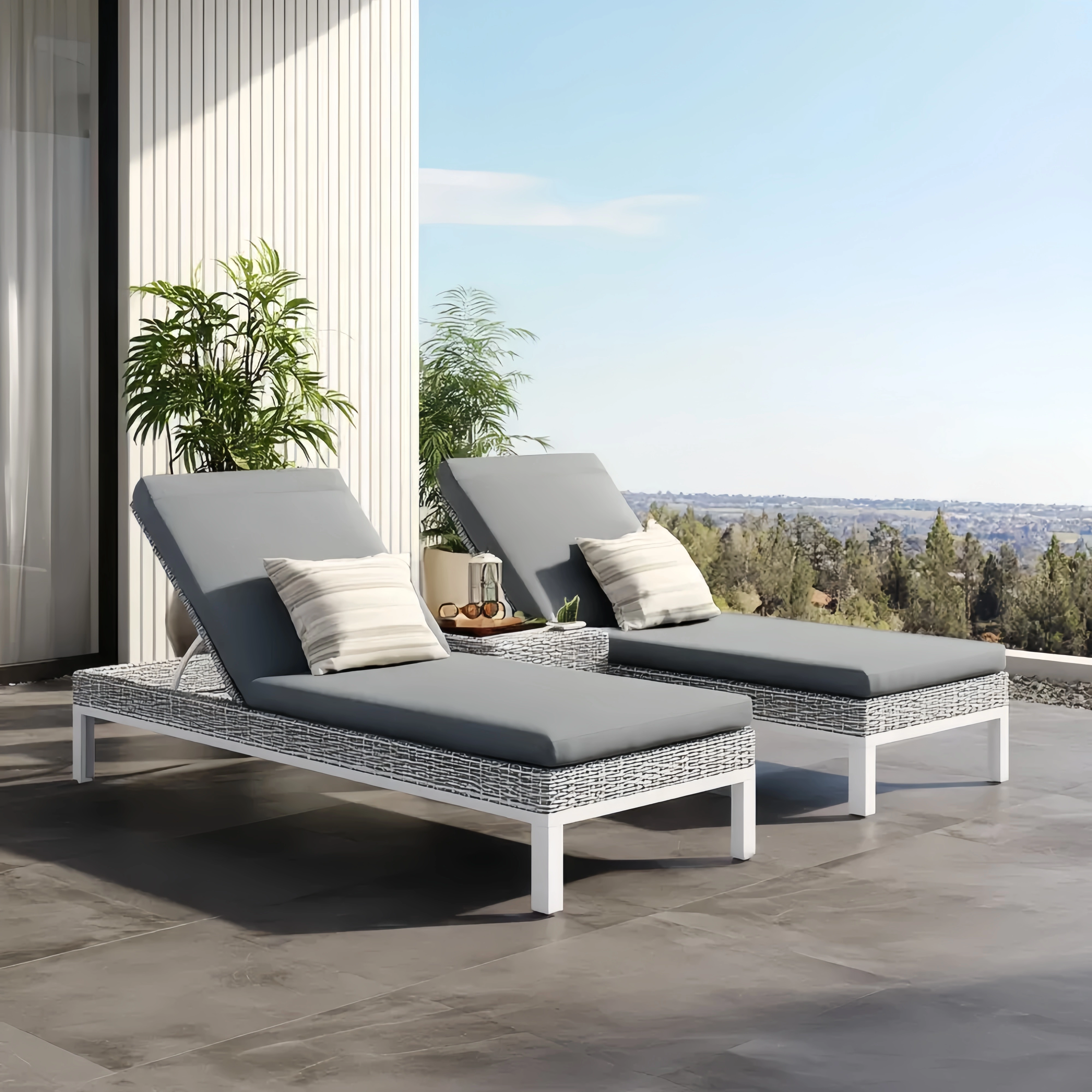 Rattan Sonnenliegen Set aus Aluminium und Polyester – Grau – Verstellbare Rückenlehne