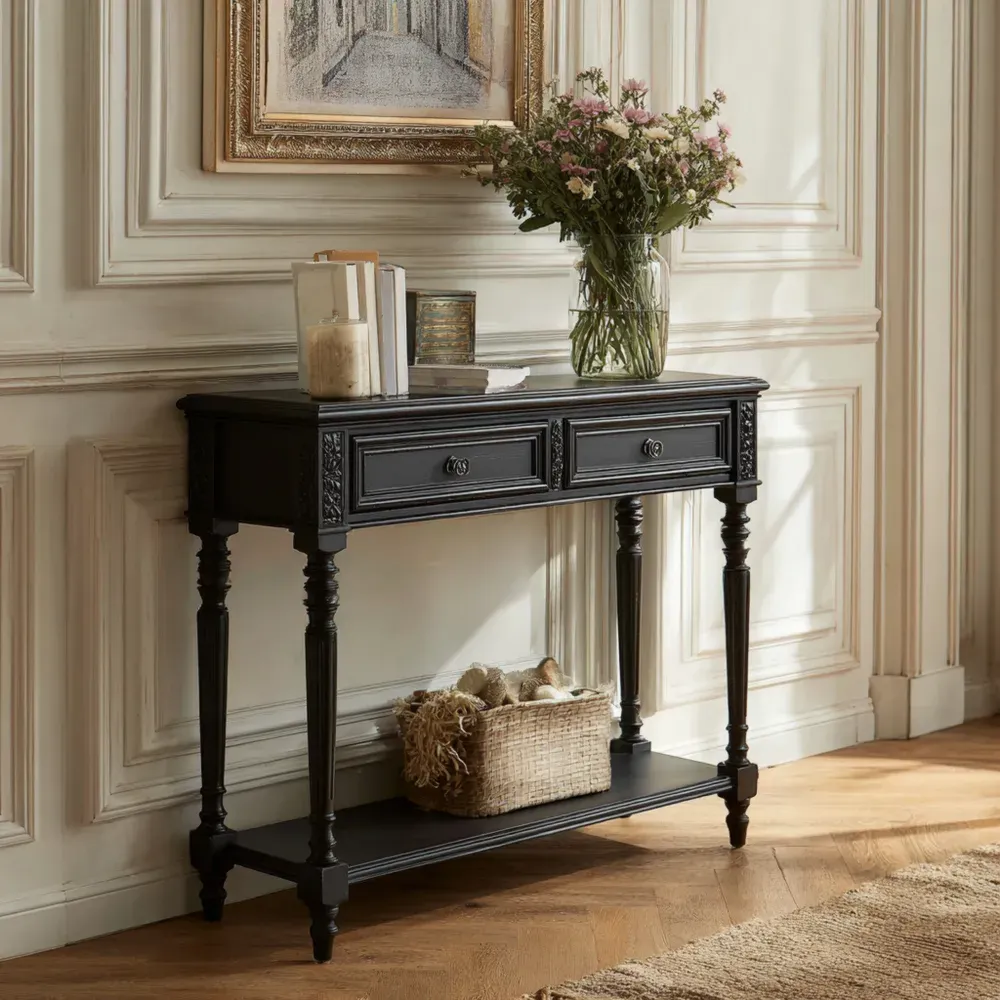 Mesa Consola de Madera 120x35x80 cm – Negra – Estilo Clásico