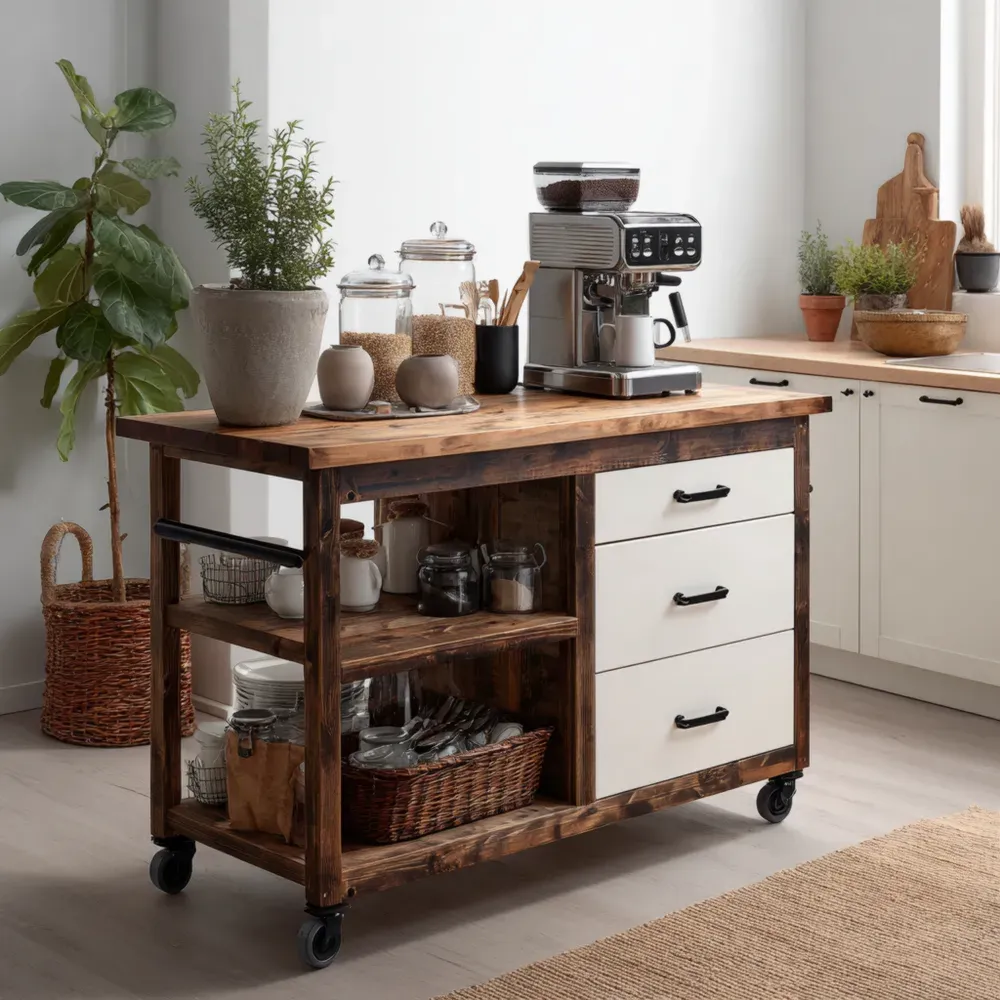 Carro de cocina de madera 120x60x90 cm – Natural/Blanco – Con ruedas