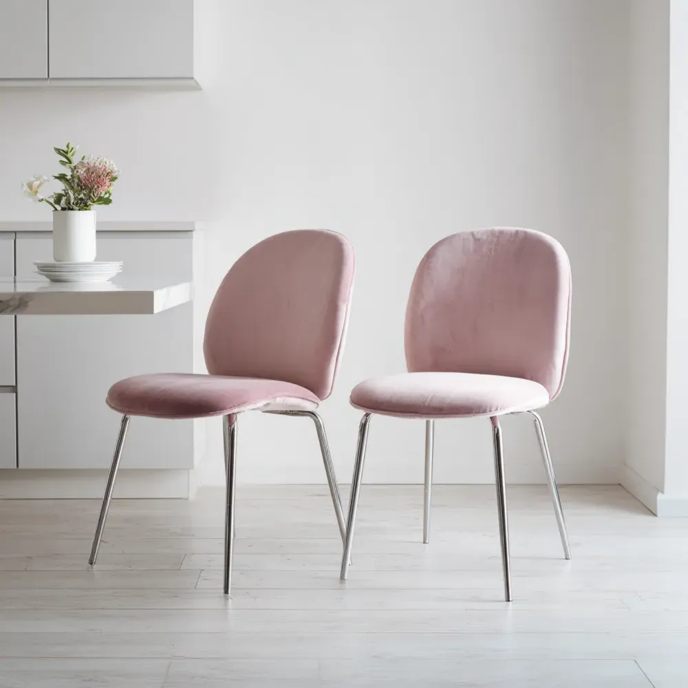 Sillas de Comedor Tapizadas en Terciopelo Rosa 45x40x85 cm - Con Patas de Metal - Diseño Moderno