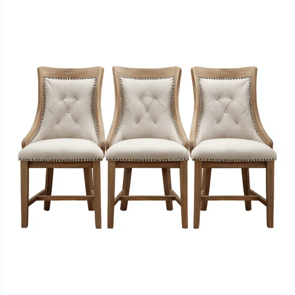 Juego de 3 Sillas de Comedor Tapizadas de Tela Beige Madera Natural 50x45x100 cm – Diseño Clásico