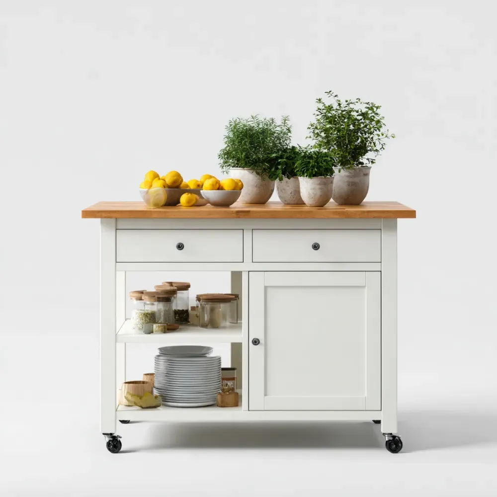 Carro de Cocina de Madera 100x50x90 cm con Estantes y Ruedas - Blanco/Natural