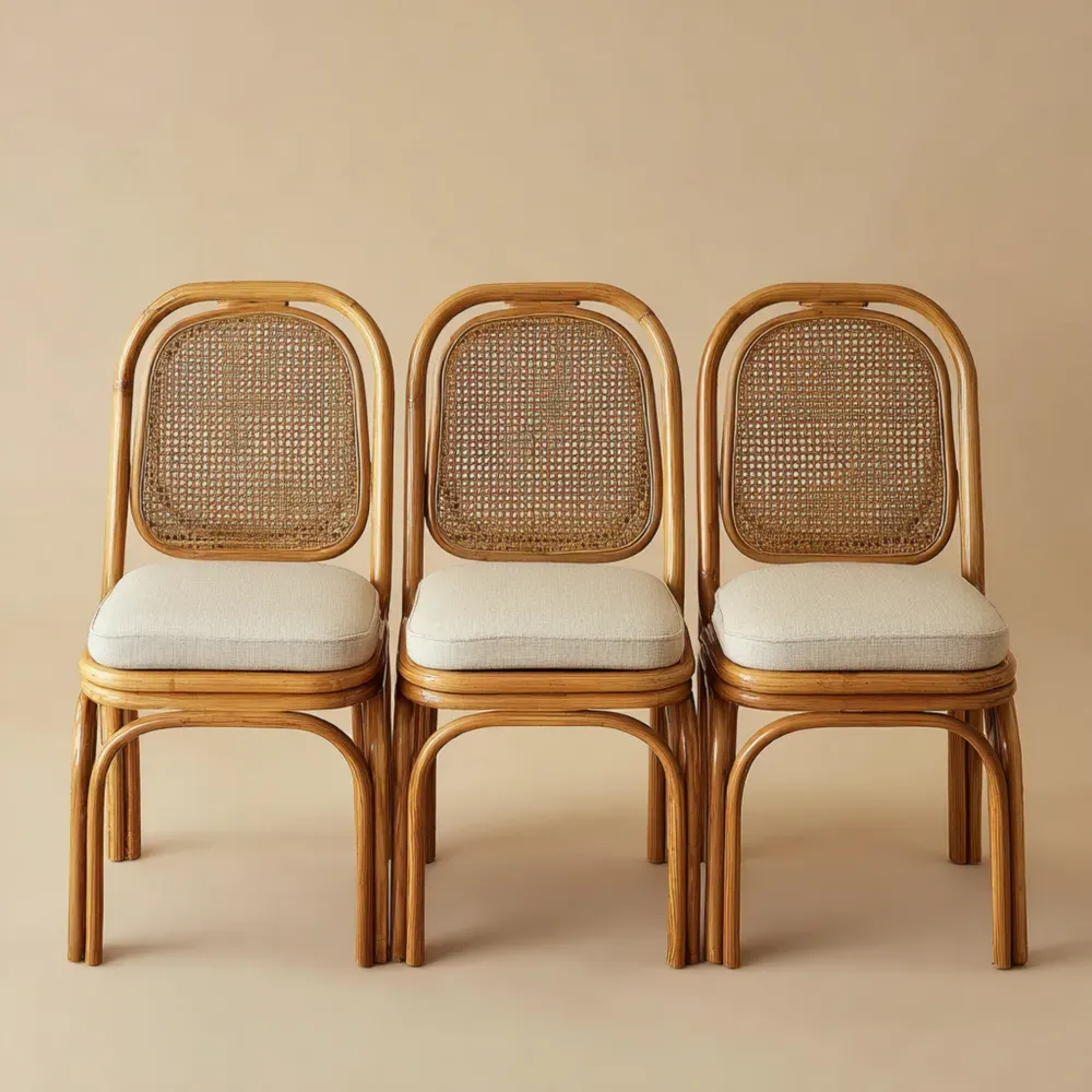 Sillas de comedor de ratán 45x50x85 cm con cojín de lino Beige – Diseño retro