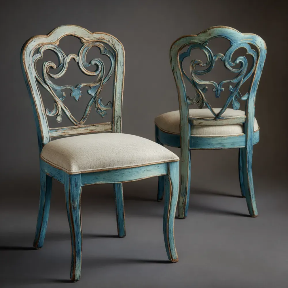 Sillas de comedor madera tallada 45x50x90 cm asiento tapizado – Azul Desgastado – Estilo vintage