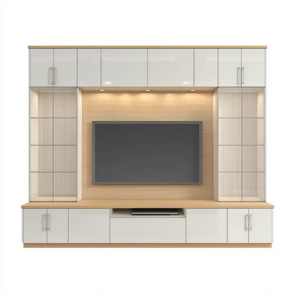 Centro de Entretenimiento 200x160x40 cm de Madera y Vidrio - Blanco y Madera - Diseño Moderno