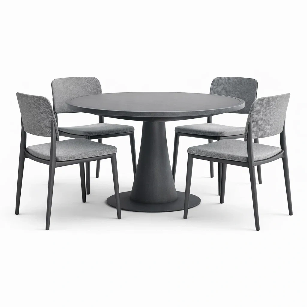 Set tavolo e sedie con Tavolo Rotondo in Legno e Sedie Imbottite in Tessuto Grigio-FURNIWONDER