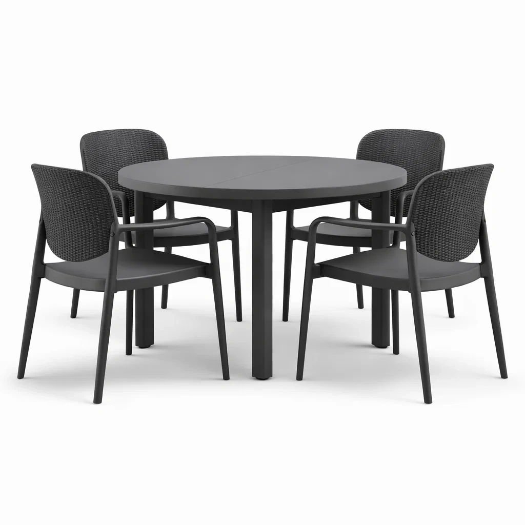 Set tavolo e sedie con Tavolo Rotondo in Plastica e 4 Sedie Intrecciate Antracite-FURNIWONDER